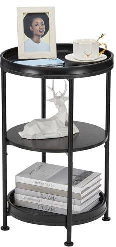 YEAKOO Industrial Nordic End Table, 3-Tier Round Side Table with Storage Shelf Edge Protection Tray, Sturdy Metal Frame Coffee Table Bedside Table for Living Room Bedroom Small Spaces/Black