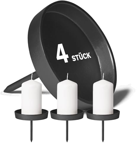 Novaliv 4X Kerzenpick flach 8,5cm Schwarz Aluminium Weihnachtskranz Kerzenständer Adventskranzdeko Kerzenhalter Adventskranz Adventskerzenhalter Kerzenteller zum Stecken rund Kerzenpin - ohne Kerzen