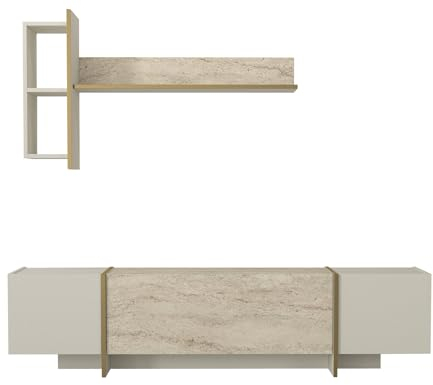 moebel17 Wohnwand Braun Dunkelgrau,Moderne Anbauwand Holz, TV Lowboard Marmor Optik, Mediawand mit Hängeregal, 4 Türen, viel Stauraum, glänzend, 180 x 45 x 32 cm, 2574