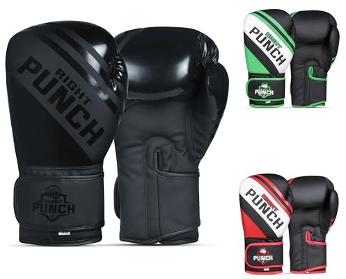 Right Punch Leather Boxing Gloves for Men & Women | Training Gloves for Sparring, MMA, Kickboxing, Muay Thai, and Martial Arts (Black 14 OZ)