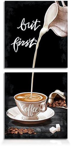 burkfeeg Póster de Pared Cocina Decoración de Pared, Sala de Estar, Moderno, Blanco y Negro, Juego de 2 Cuadros en Lienzo, 30 x 30 cm para Cafetería, Bar, Comedor (sin Marco)