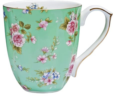 13oz Bone China Floral Mug with Gold, Porcelain Flower Teacup for Home