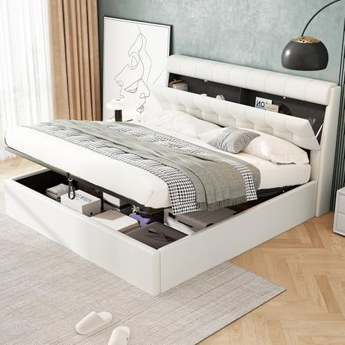 BTM Double Bed Frame, Double Bed with Concealed Headboard Storage and Hydraulic Bed Box, PU Upholstered 4ft6-135x190cm, No Mattress, Cream White