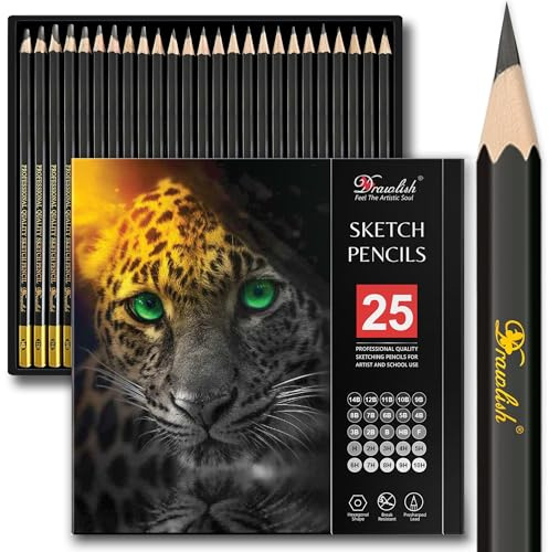 Drawlish Drawing Pencils for Artists - 25 Grades (14B to 10H) Sketching Pencils Set Covering All Grades - Graphite Pencil with Prime Wood - Art Pencil Ideal for Illustrations, Shading & more