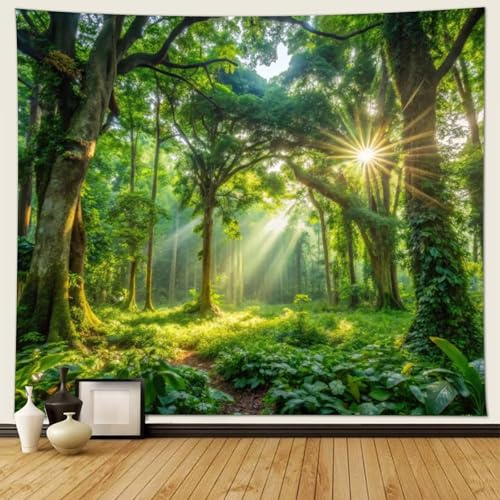 Musihy Wald Wandteppich, 240x220cm Naturbelassene WaldlandschaftWandbehang Dekoration für Wohnzimmer Schlafzimmer & Schlafsaal, Grün