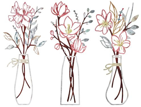 BOXOB 3uds Decoración Pared Flores Metal, Arte Pared Jarrón Flores Metálico Minimalista Regalos Boho Estreno Casa Decoración Rústica Granja para Hogar Baño Comedor Sala Estar Dormitorio