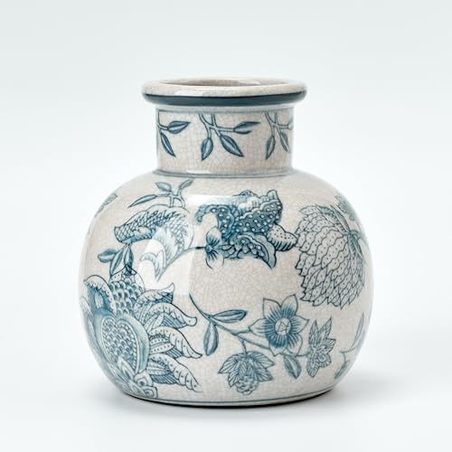 PORCER Blaue und weiße Vintage-Vase, 15,2 cm, Keramik, Chinoiserie mit Blumenmuster, Retro-Eisrissige blaue und weiße Porzellanvase für Tisch, Wohnzimmer, Badezimmer, Hochzeit, Regal-Dekoration