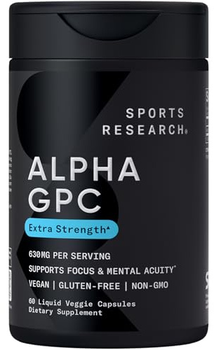 Sports Research® Alpha GPC 630mg (Extra Strength) - Bioavailable Source of Choline - Focus & Cognitive Support for Women & Men - Vegan Certified · Non-GMO · Gluten Free - 60 Liquid Capsules