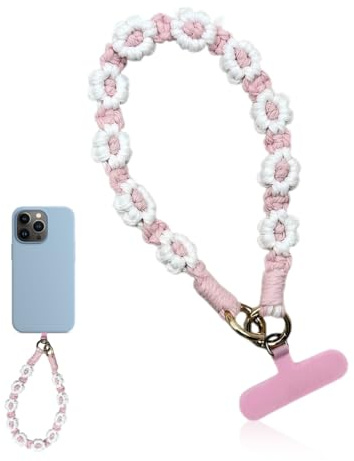 LQIOACU 1 Pezzi Cinturino da polso cordino, laccio per cellulare, per Boho Macrame telefono cordino da polso, phone strap, portachiavi a catena, intreccio di fiori