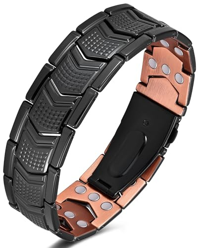Jeracol Copper Bracelet for Men,99% Solid Copper Magnetic Bracelet with Magnets,Adjustable Size with Gift Box(Black-Shield)