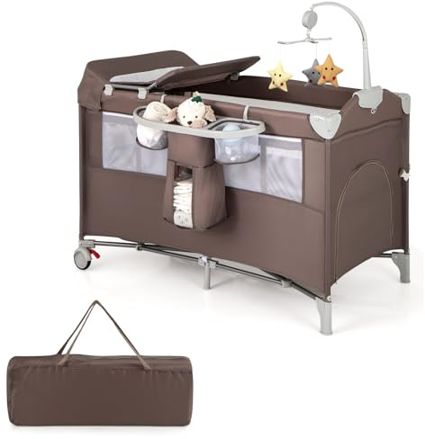 FANTASK 5-in-1 Foldable Baby Bed, 2 Level Side Bed with Mattress, Play Arch & Changing Mat, Mobile Children's Travel Bed with Carry Bag, Travel Cot for Baby up to 3 Years (Brown)