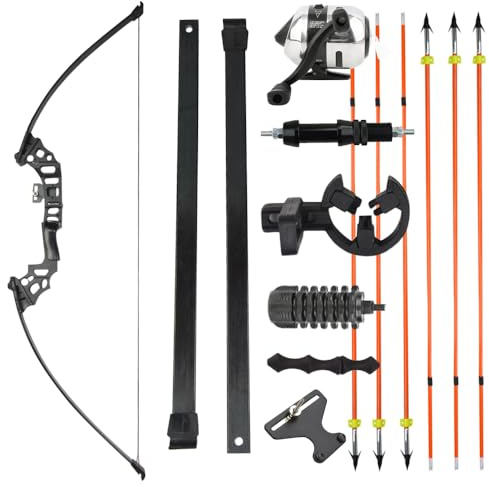 PYMUST 40lbs Bowfishing Set Arco Ricurvo Dritto Frecce in Fibra di Vetro Solido con Mulinello Pesca Tiro con l'Arco Caccia Tiro Pesce (nero)