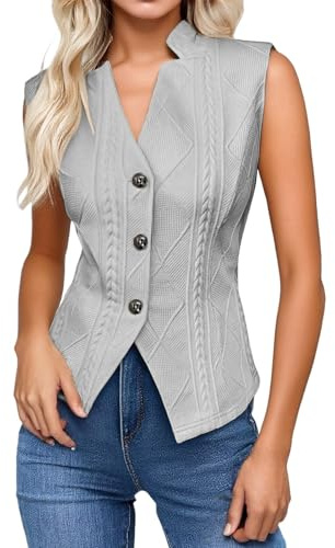 Generisch Chaleco de mujer moderno con cuello en V, sin mangas, chaleco de punto con botones, monocolor, para negocios, ajustado, ropa informal, elástico, cómodo, pieza de traje vintage
