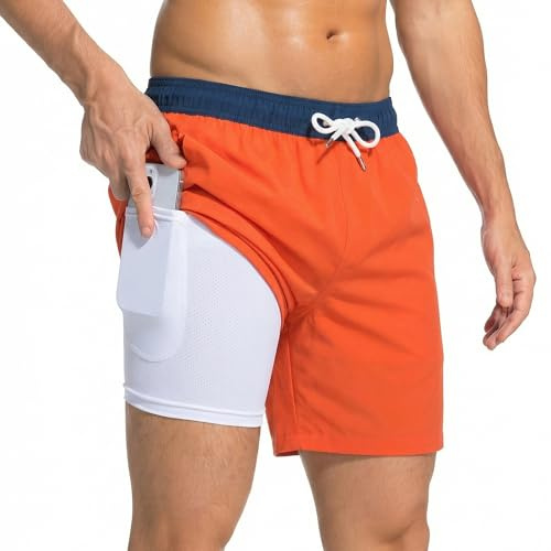 KudouYuv Mens Swim Trunks 2 in 1 Men Board Shorts Quick Dry 7 Inch Swim Suits Beach Short with Compression Mesh Lining Orange