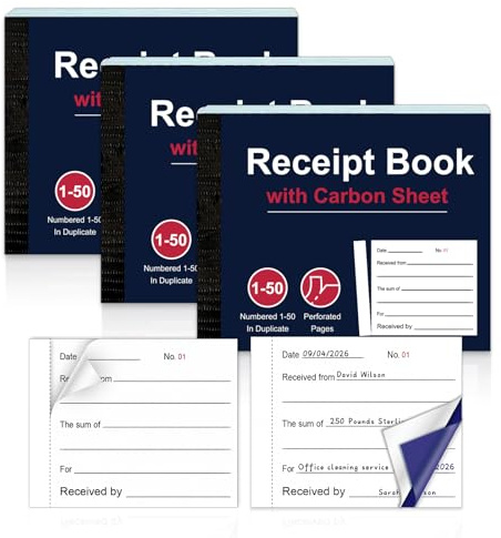3 Pack Numbered Duplicate Receipt Books with Carbon Sheet 200 Pages 50 Entries Per Pad Cash Receipt Book Perforated Tear Invoice Duplicate Pad for Small Business Self Employed 130 * 105mm