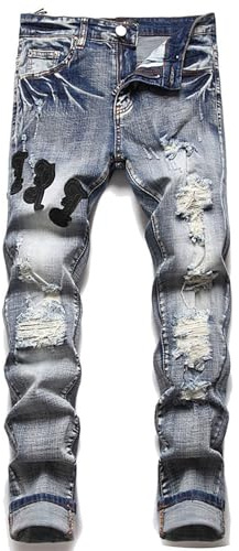 Jean pour homme, coupe ajustée, jambe droite, trou détaillé, aspect délavé, design imprimé, pantalon en jean confortable pour le quotidien, la rue, le travail, les voyages, l'extérieur et les tenues