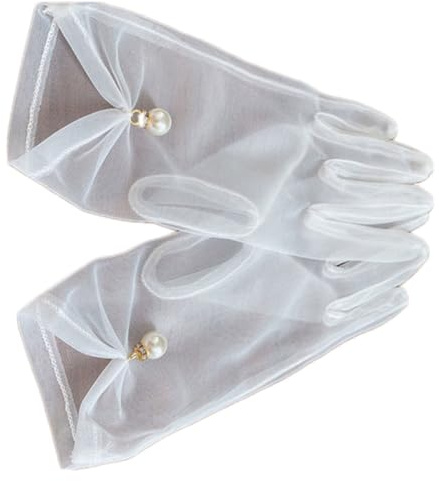 Housoutil Guantes de Novia para Boda Guantes de Vestido de Novia de Gasa con Cuentas Brillantes Blancos Accesorios para Fotografía Nupcial y Boda y Mujer