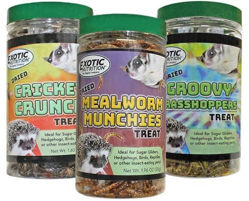 Exotic Nutrition Dried Insect 3 Pack - Crickets, Grasshoppers, Mealworms - for Sugar Gliders, Hedgehogs, Wild Birds, Chickens, Turtles, Tropical Fish, Reptiles