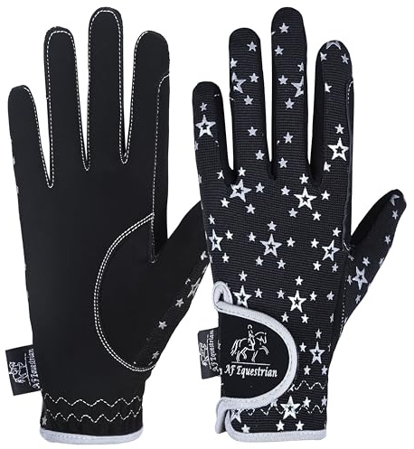 AFE Gants d'équitation unisexes pour enfants - Gants d'équitation - Gants de sport de plein air - Gants de cyclisme pour enfants - Motif étoiles noires et roses - Taille S