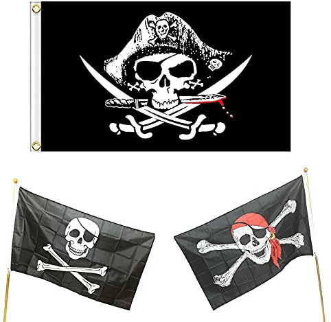 3 bandiere da festa dei pirati, bandiera Jolly Roger, per decorazione di Halloween, festa dei pirati, cosplay dei pirati, 150 x 90 cm (nero)