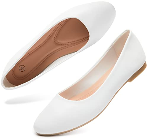 hash bubbie Women's Flats Shoes Ballet Flats Dress Shoes Comfortable PU Leather Slip on Shoes for Women(White.US8)