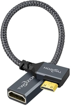 Twozoh Câble Adaptateur Mini HDMI mâle vers HDMI Femelle à Angle Gauche de 90° 0,2M, Mini HDMI vers HDMI Supporte 3D/4K 1080p