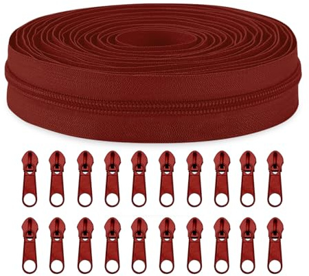 Sawoake #3 Nylon Coil Zippers by The Yard Bulk 10 Yards with 20pcs Zipper Sliders for DIY Sewing Tailor Craft Bag Garment Home Textile…(Buragundy)