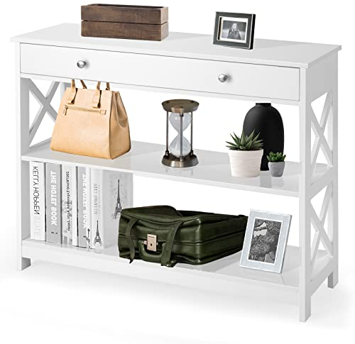 GIANTEX Konsolentisch schmal, Flurtisch mit Schublade & 2 Ablagen, Beistelltisch Eingangstisch schmaler Dielentisch, moderner Dekotisch Sideboard mit Kippschutz, 100x30x80 cm (Weiß)