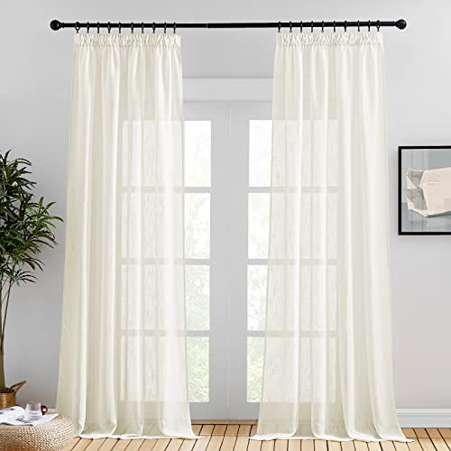 PONY DANCE Rideaux Voilage de Fenêtre - Rideau Salon Panneaux Beige Voile en Lin Effet Motif de Croix avec Galon Fronceur Elegant pour Décoration, L140xH260cm, Beige Clair, Lot de 2