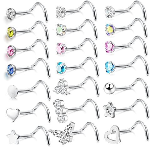 JeweBella 21 Stück 20G Nasenpiercing Steck 316L Chirurgenstahl Nostril Piercing Stecker L-Form/I-Form/S-Form Nasenstecker Silber Piercing Nase Nasenpiercing Set Nasenpiercing Schmuck für Damen