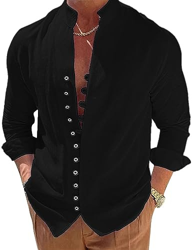NANAMEEI Men's Linen Grandad Collar Shirts Men Shirts Casual, Black,XL