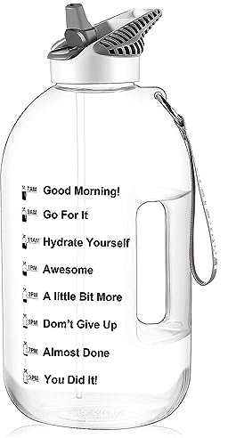 JIMACRO Water Bottle, 1 Gallon BOTTLED JOY Water Bottle with Straw and Handle BPA-Free, Daily Water Intake Bottle with Time Markings Tracker to Remind the Drinking Time, Ideal for Gym Office Hydration