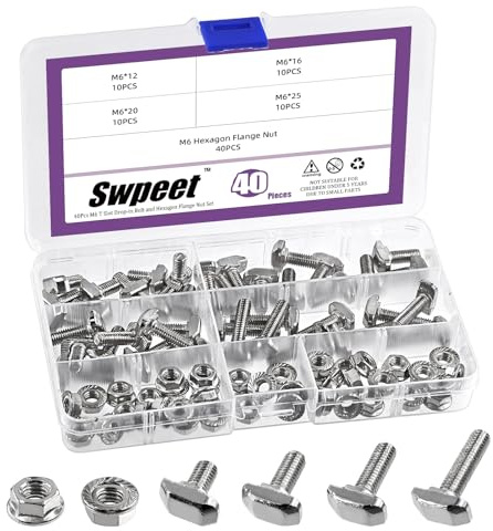 Swpeet 80Pcs 4 Sizes European Standard 30 Series M6 x 12/16/20/25mm T Slot Drop-in Bolt and Nickel M6 Flange Nut Assortment Kit, Thread T Slot, Drop-in Bolt T-Bolt, Hammer Head Bolt, T Screw Stud
