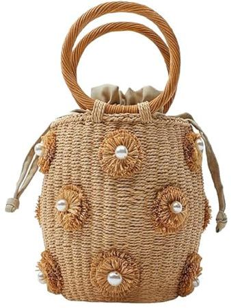 MAIGO Raffia Bag - Handwoven Raffia Bags with Pearl Accents, Basket Bag, Summer Boho Beach Woven Basket Bags with DrawsTring, Straw Handbag, Vintage Handbags for Women Girls Shopping Travel Daily Use
