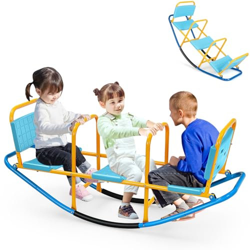 HOMASIS Altalena a Bilico per Bambini a 3 Posti, Altalena a Dondolo con Maniglie e Schienali, Giochi da Esterno in Metallo, Portata Fino a 90 kg, Adatto ai Bambini dai 3 agli 8 Anni (Blu)