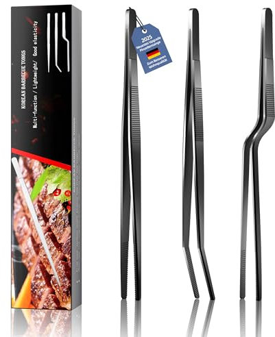 3 Stück 30.5cm-Kochpinzette Edelstahl Zangen Präzision Gezackte Spitzen, Verriegelbare Metallzange, ideal zum Kochen, Grillen (schwarz-100)