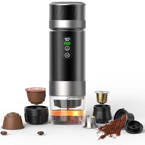 VHV Cafetera de café portátil, 3 en 1 cafetera de café expreso eléctrica, 12 V café expreso recargable, para oficina, viaje, casa, compatible con cápsulas espresso y café molido