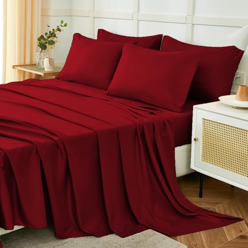 Juego de Sábanas 180x190/200cm 4 Piezas, Poliéster Cepillada,Sábanas Bajera Ajustable, Sabana Encimera Cama y 2 Fundas de Almohada 50x80 (Sabanas Cama 180, Burdeos)