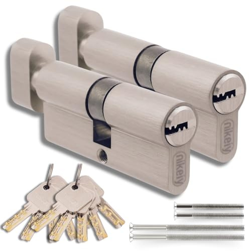 Set di 2 Cilindri con Pomello in Ottone 30/30mm con Chiave Unica, 10 Chiavi Incluse, 4 Viti, Serrature Universali per Porte e Garage, Lunghezza 60mm, Montaggio Facile