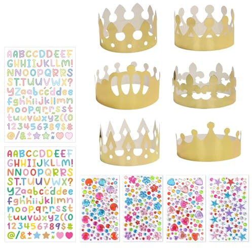 Set di 26 corone per fai da te, corone di carta dorate con strass e adesivi alfanumerici, corone di compleanno fai da te, per feste di compleanno principesse