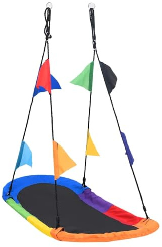 Balançoire nid 165 x 70 cm avec 8 drapeaux – Balançoire rectangulaire pour jardin, charge jusqu'à 150 kg, cordes réglables, appareil de jeu pour enfants