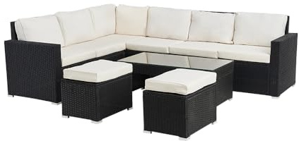Panana 8 Seater Rattan Garden Sofa Set with Coffee Table Stool, Outdoor Lounge Set with Cushions & Free Cover, Garden Seating for Patio Conservatory Balcony (Black with Beige Cushions)