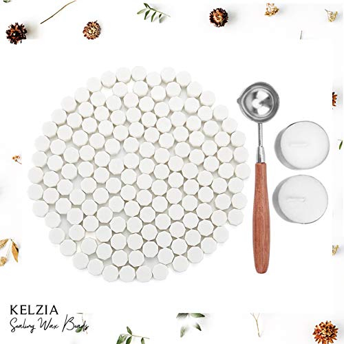 Kelzia Veganes Siegelwachs - Achteckige Siegelwachsperlen mit 2 Teelichtern & 1 Schmelzlöffel, ohne Wachsstempel - Stempelwachs zur Versiegelung & Dekoration von Briefen - 230 Stück (Mattweiß)