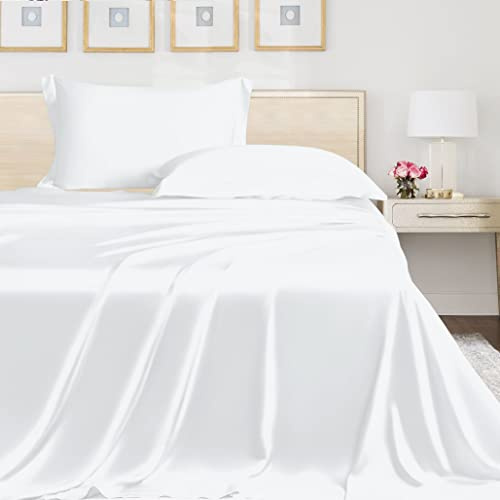 LINENWALAS 100% Organic Bamboo Only Flat Sheet, Soft Cooling for Hot Sleeper, Luxury Bamboo Bedding Flat Bed Sheet, Breathable Hypoallergenic Top Sheet (King, White)