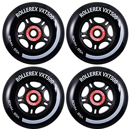 Rollerex VXT500 Inline Skate Wheels – 4-Pack (Optional Bearings, Spacers and Washers) - Durable Replacement Roller Blade Wheels for Indoor & Outdoor Skating (80mm, Steel Black)