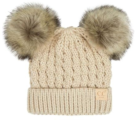 C.C Kids' Cable Knit Double Pom Beanie for Kids - Comfortable Soft Warm Children Youth Skully Hat with Pom, Natural Faux Fur Pom Beige