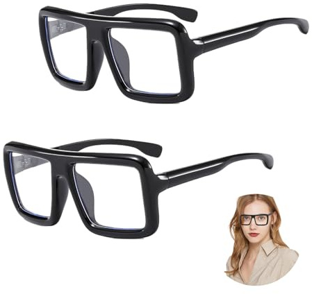 FUIPVGI 2 Pcs Oversize Retro Square Glasses, Thick Black Frames Clear Lens, Fashion Costume Accessories, Classic Fake Nerd Glasses (Black)