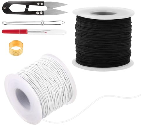 VMUTGA Fils Elastique pour Bracelet, 1mm x 100m Cordon Elastique avec Ciseaux et Aiguille à Perles, Cordon d'Artisanat pour Tisser des Colliers, Bracelet, Noir et Blanc