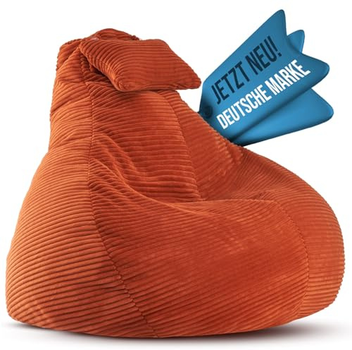 LazyCloud Sitzsack für Erwachsene mit integrierter [Nackenstütze] Cord | XXL Indoor Bean Bag mit Füllung | perfekt als Chill-, Lese- oder Gaming Sessel (90 x 80 x 70 cm) (Korallrot)