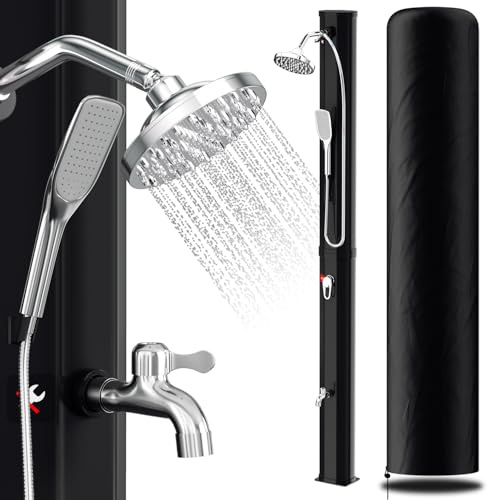 Herrselsam Doccia solare da giardino 35 l, acqua calda fino a 60 °C, senza collegamento di alimentazione, per piscina, campeggio, con doccia a piedi e soffione a pioggia, colore nero